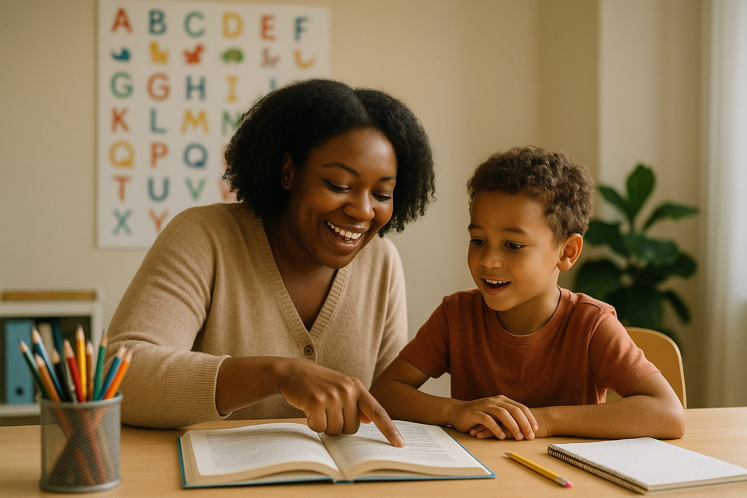 black teacher teaching a child english 1to1